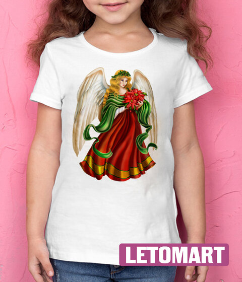 Детская Новогодняя футболка для девочки принт Агел с цветами