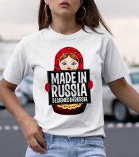 Женская Футболка с принтом и надписью Made in Russia матрешка